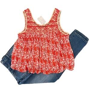 NWT Free People Orange/Cream Boho Linen Blend Top - SIZE MEDIUM